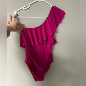 La‎ Vie En Rose Aqua Pink One Shoulder Ruffled Bathing Suit